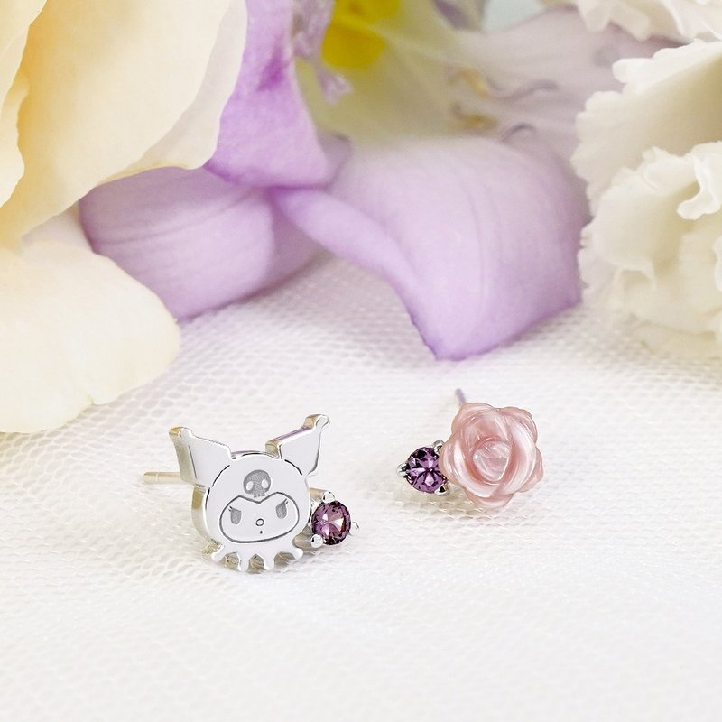 Kuromi & MyMelody Flower Series-Kuromi pearl flower sterling silver earrings - ต่างหู - เงินแท้ สีเงิน