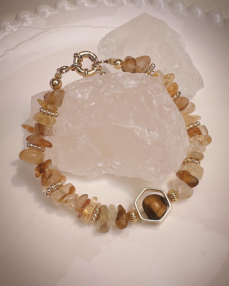 C&W caramel citrine irregular Stone tiger eye amber 14k bracelet - Bracelets - Jade Gold