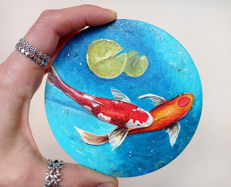 鯉魚畫  鯉魚  魚畫  原畫 原創藝術 手繪藝術 魚 圓形繪畫 - 壁貼/牆壁裝飾 - 木頭 紅色