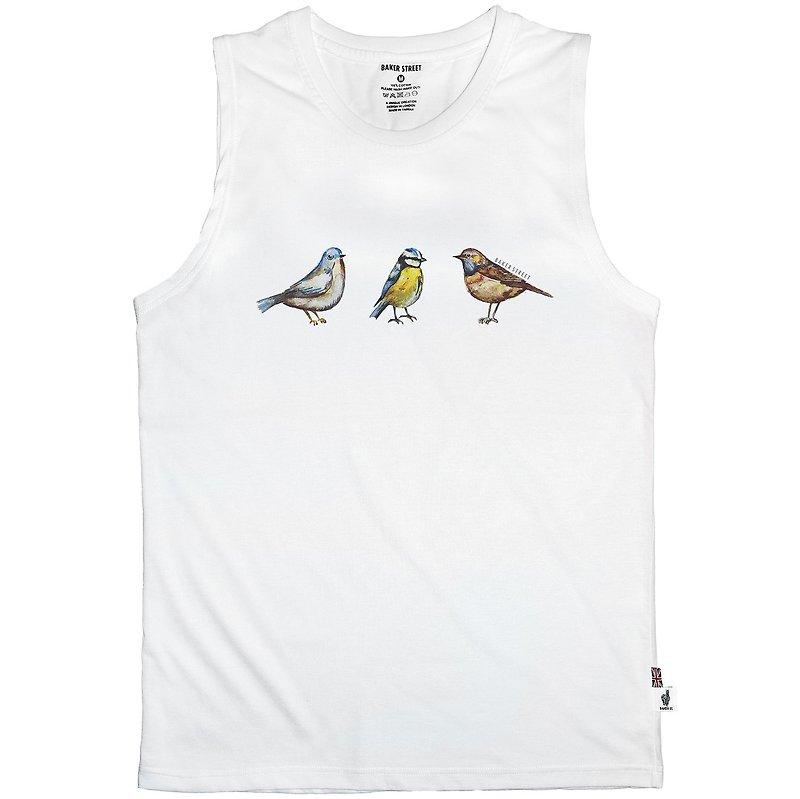 British Fashion Brand -Baker Street- Birds Printed Tank Top - เสื้อกั๊กผู้ชาย - ผ้าฝ้าย/ผ้าลินิน ขาว
