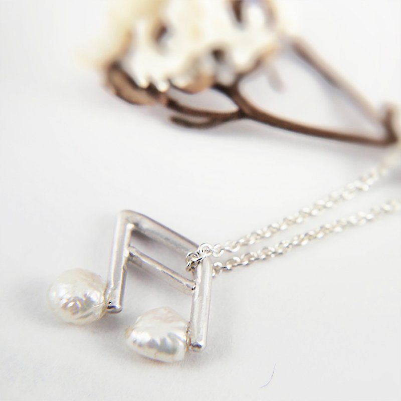 Music Department-Silver Sixteenth Note-Sterling Silver Pearl Necklace - สร้อยคอ - โลหะ สีเงิน
