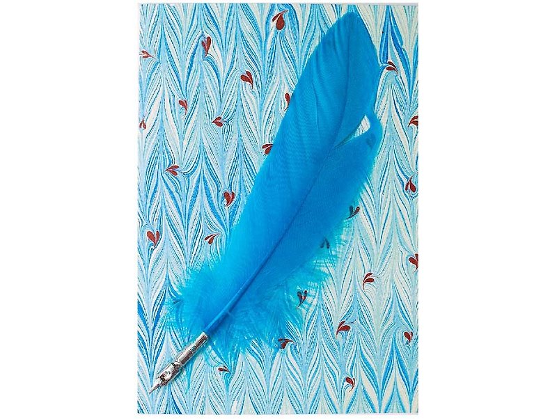 藍色羽毛沾水筆手工卡片 藍色羽毛紅色愛心 - 心意卡/卡片 - 紙 藍色