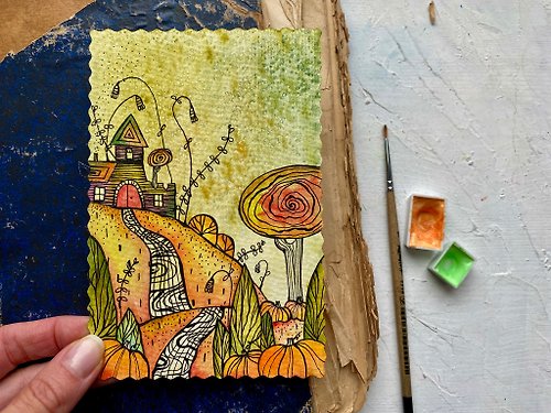 カボチャの絵 風景 オリジナルアート 秋の水彩画 収集価値のある ...