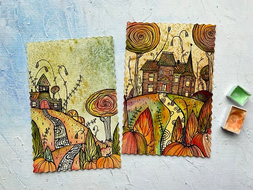 カボチャの絵 風景 オリジナルアート 秋の水彩画 収集価値のあるアート ...
