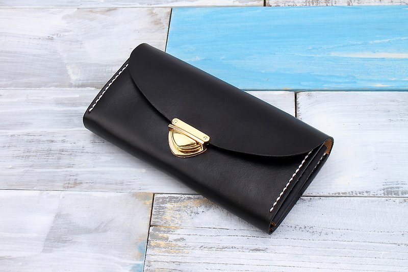 [Tangent School] Genuine Leather Organ Wallet / Large Capacity Retro Long Clip 006 Hand Dyed Black - Clutch Bags - Genuine Leather Black
