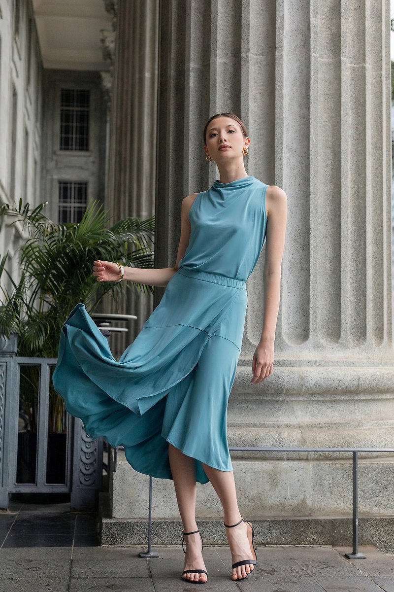 Tove & Libra Pull-on Midi Wrap Skirt - Teal Sustainable Fashion - กระโปรง - วัสดุอีโค สีน้ำเงิน