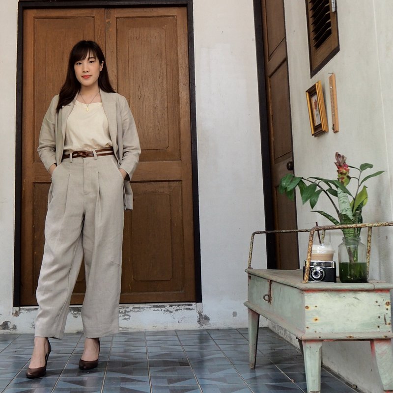Balloon Linen Pants - 女長褲 - 棉．麻 卡其色