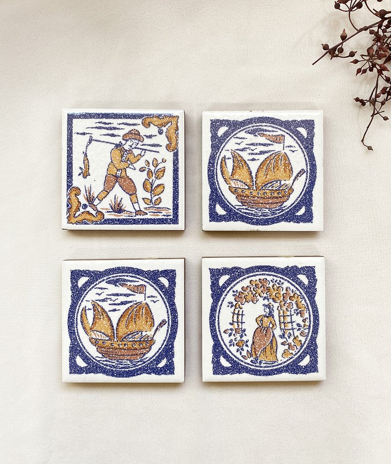 [Good Day Fetish] Dutch vintage classical hand-painted characters and scenery wall tiles, a set of four Christmas gifts - ของวางตกแต่ง - เครื่องลายคราม หลากหลายสี