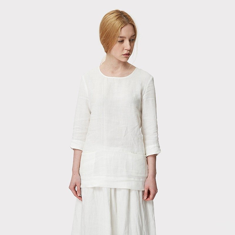Beige linen sleeve T-shirt - เสื้อยืดผู้หญิง - ผ้าฝ้าย/ผ้าลินิน ขาว