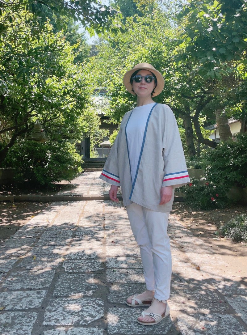 日本製 手染め 藍×白×赤 トリコロールカラーが爽やかなリネン ショート丈の羽織り Haori aizome japanblue - 帽T/大學T - 棉．麻 