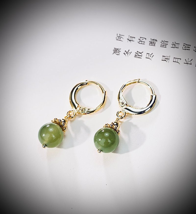 C&W s925 sterling silver 14k gold-filled natural Hetian jade spinach green temperament earrings and ear buckles - Earrings & Clip-ons - Jade Gold