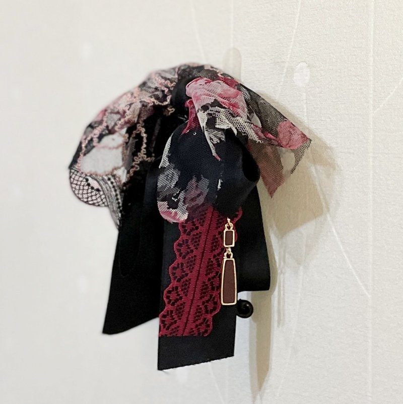 復古法式刺繡蕾絲香蕉夾 髮圈 大腸圈 髮束馬尾夾髮夾相交夾髮繩 - 髮夾/髮圈 - 其他材質 黑色