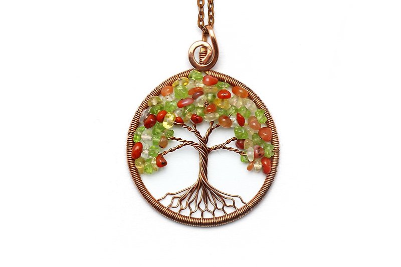 Copper Tree Of Life Pendant Antistress Necklace Handmade Wire Wrapped Jewelry - Necklaces - Semi-Precious Stones Multicolor