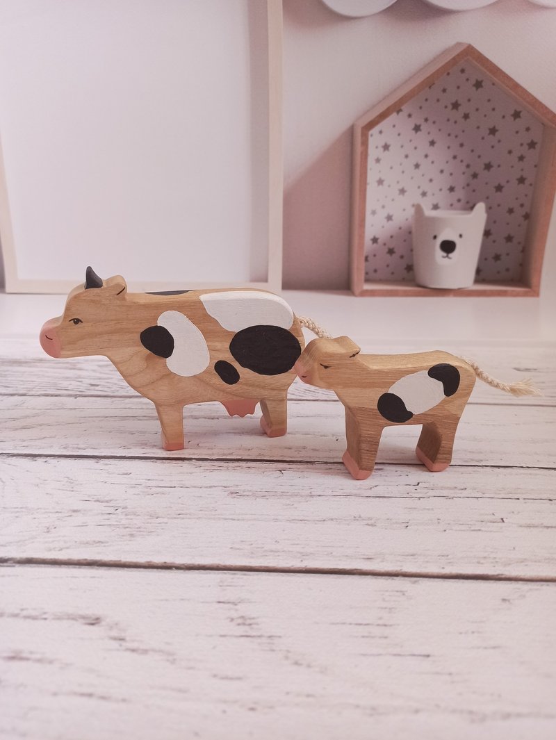 Wooden toys cow and calf,farm animals wooden figurines, education toys for toddl - 寶寶/兒童玩具/玩偶 - 木頭 