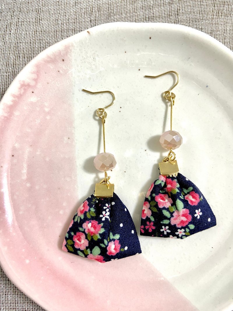 Cloth Series- Dark Blue Flower Earrings - Earrings & Clip-ons - Cotton & Hemp Blue