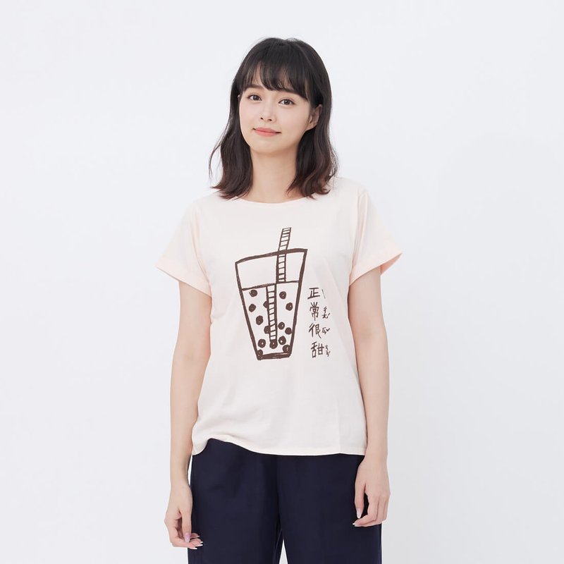 珍珠奶茶袖寬版方袖T恤桔粉色 台灣特產 Bubble Tea - 女 T 恤 - 棉．麻 粉紅色