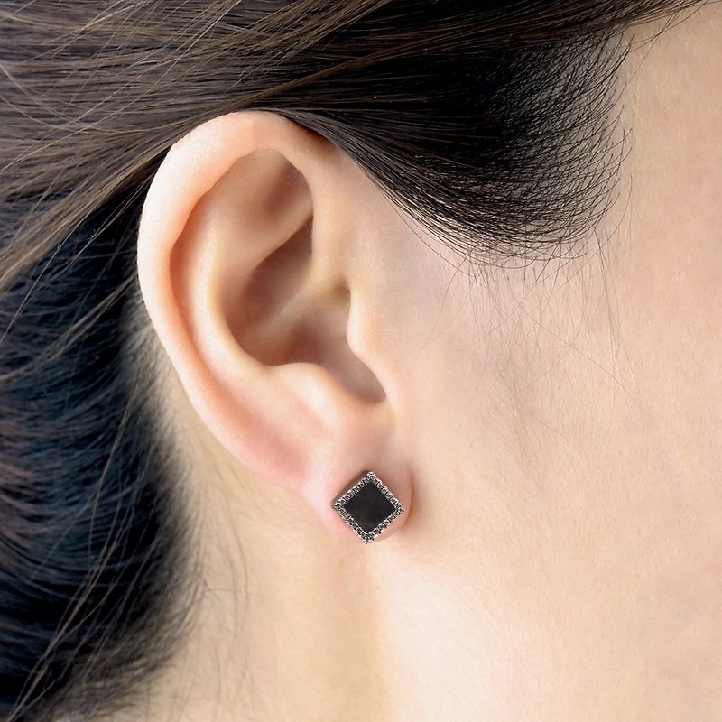 天然翡翠 黑玉耳環 方形 - 保證A玉 - 耳環/耳夾 - 玉石 黑色