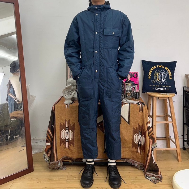 FRIGID MASTER jumpsuit hooded cotton dark blue work pants second-hand vintage - Men's Pants - Cotton & Hemp Blue