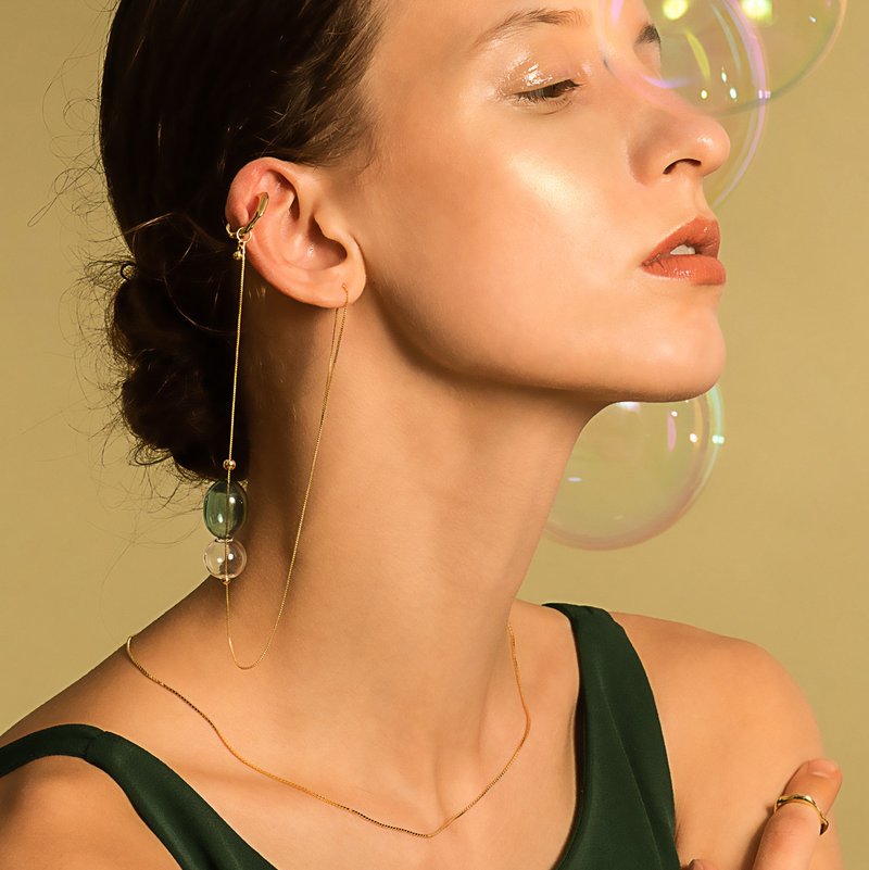 Bubble Nebula - 氣泡星雲系列 小耳夾+氣泡長耳線-金 - 耳環/耳夾/耳骨夾 - 純銀 金色