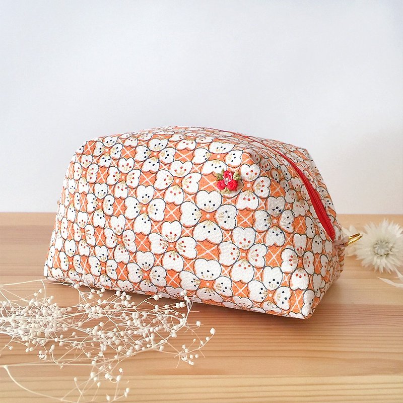 Pouch with Japanese Traditional Pattern, Kimono (Large)  - Silk - cherry blossom - Toiletry Bags & Pouches - Silk Orange
