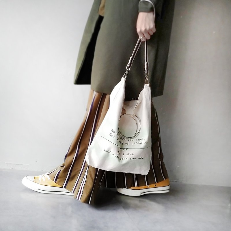 Striped show yourself green apple green hand-dyed printed ring bag (with strap) - Handbags & Totes - Cotton & Hemp Green