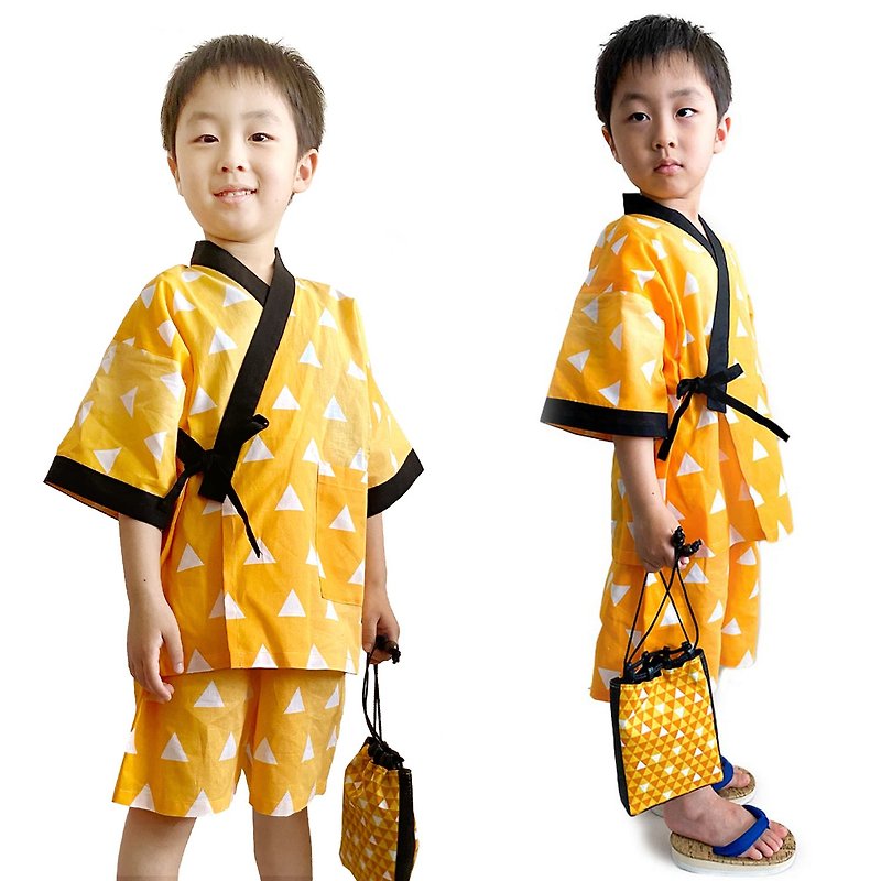 Popular Japanese pattern Children's Jinbei 100cm 110cm - Yellow scales - กางเกง - ผ้าฝ้าย/ผ้าลินิน สีเหลือง