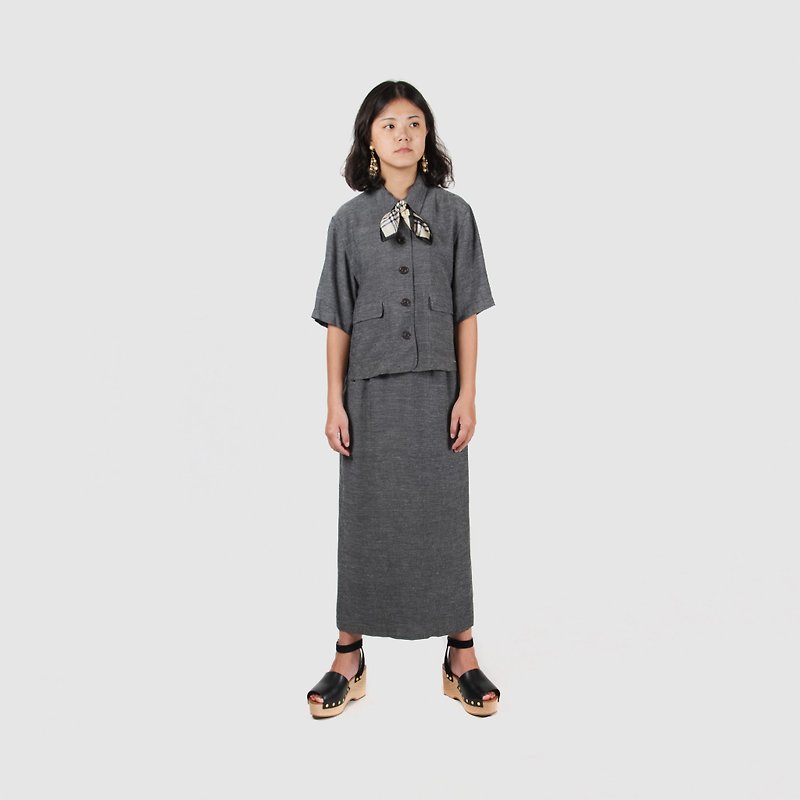 [Egg Plant Vintage] Gray-scale melody solid color skirt-style vintage suit - One Piece Dresses - Polyester Gray