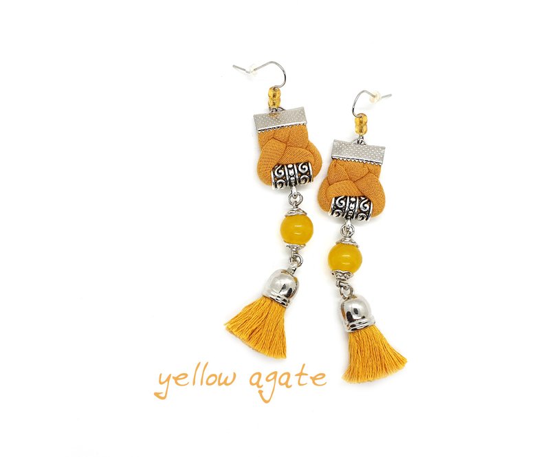 Yellow Agate Beaded Earrings, Long Tassel Earrings, Bohemian Jewelry - 耳環/耳夾/耳骨夾 - 寶石 黃色
