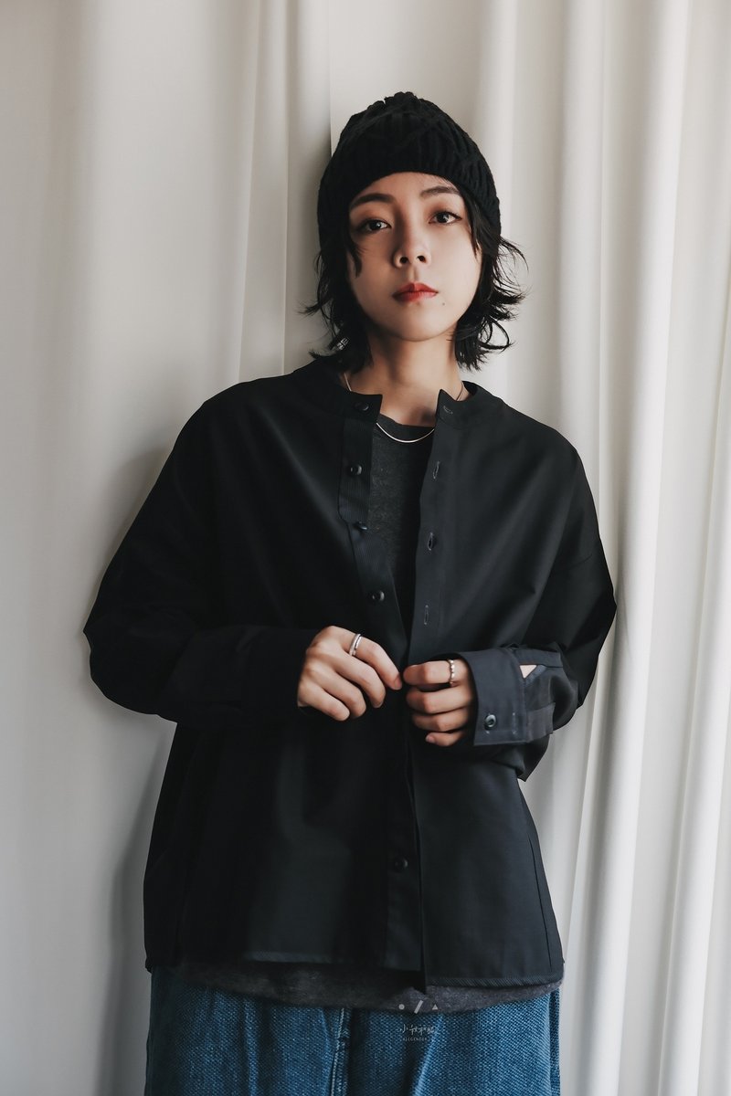 My exclusive gentleman-style tailoring small collar hollow sleeve shirt - 2 colors - black checkered - เสื้อเชิ้ตผู้หญิง - ผ้าฝ้าย/ผ้าลินิน สีดำ