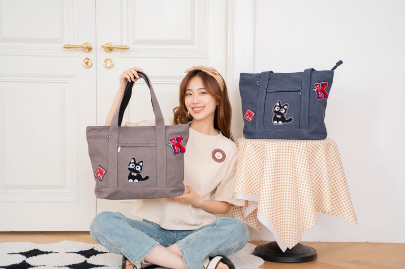 Little black cat washed towel embroidered shoulder bag/handbag [320002] - กระเป๋าถือ - ผ้าฝ้าย/ผ้าลินิน 