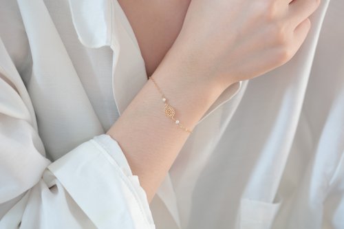 JieJie Jewelry 蕾絲珍珠手鍊 14kgf 生日 禮物 金色 蕾絲 天然珍珠 法式 簍空