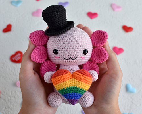 Sweet sweet heart Axolotl plush with rainbow heart / Axolotl pride / LGBTQ flags