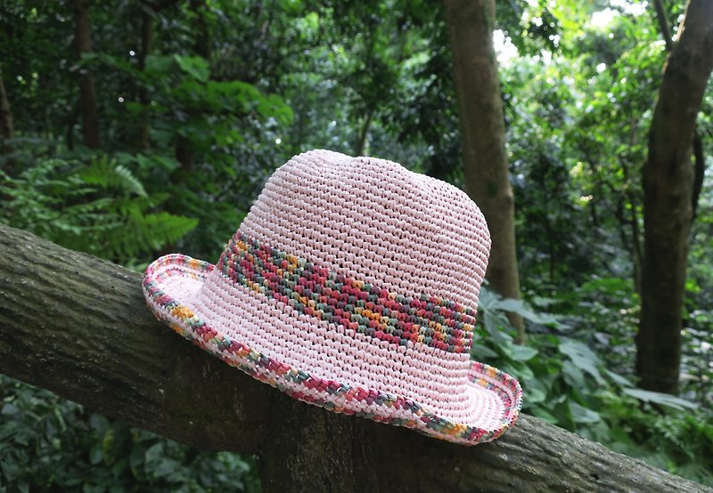 阿母の手做帽-夏日拉斐草帽-復古方形漁夫帽/粉紅x繽紛/設計款 - 帽子 - 紙 粉紅色