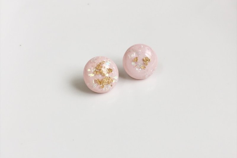 Gold foil powder girl resin antique beads ear needle - Earrings & Clip-ons - Acrylic Pink