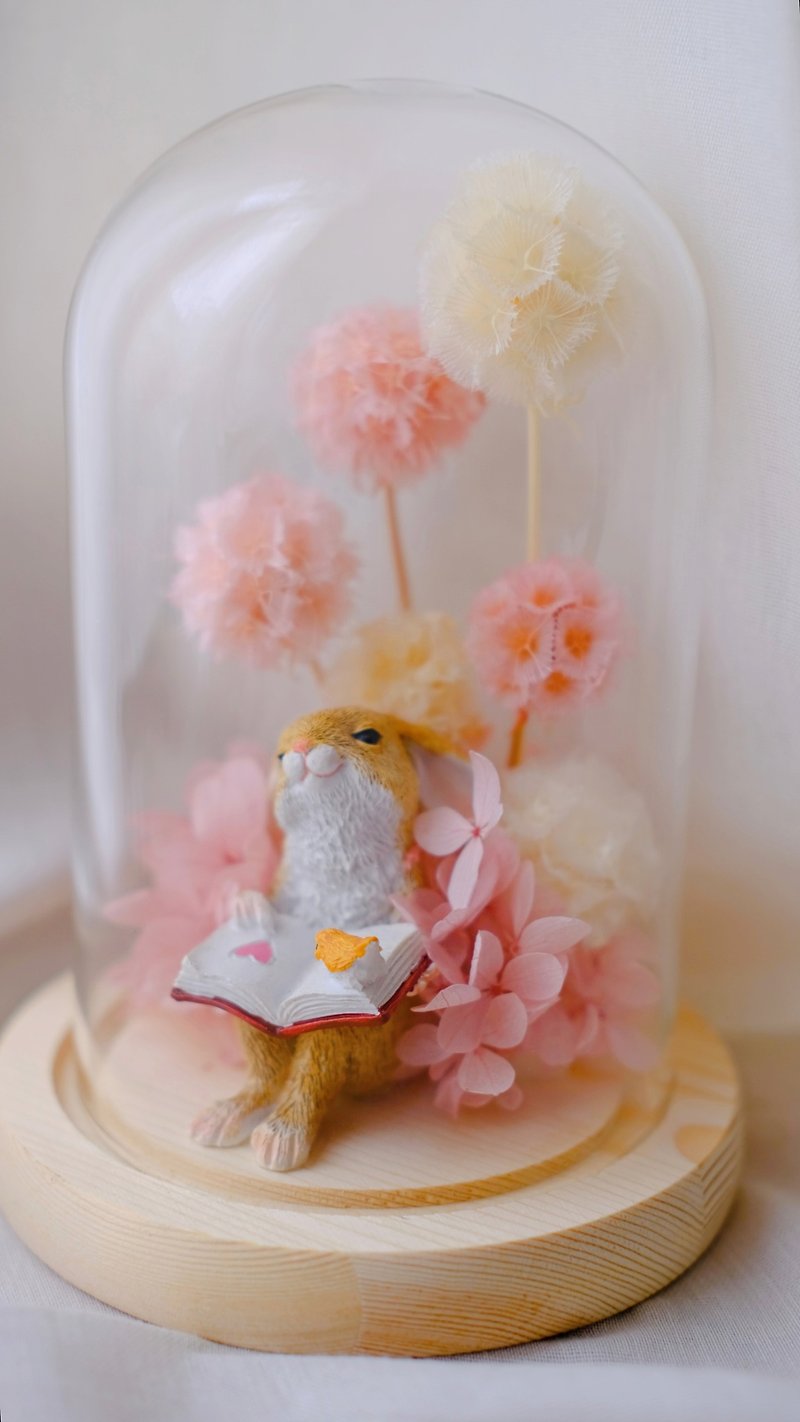 24小時快速出貨 心型兔粉色永生繡球玻璃罩 畢業花禮 含卡片 - 乾燥花/永生花 - 植物．花 粉紅色
