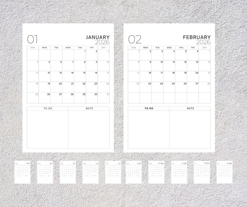 Pure Lines 2026 – Minimal Printable Wall Calendar Poster - 電子手帳及素材 - 其他材質 