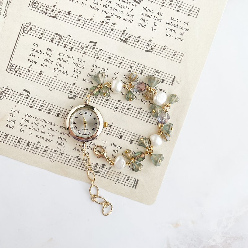 Catharina / Czech bead and freshwater pearl bracelet watch LI177 - นาฬิกาผู้หญิง - โลหะ สีเขียว