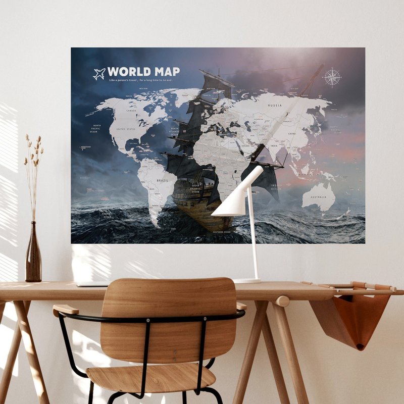 【輕鬆壁貼】世界地圖/海盜船 - 無痕/居家裝飾 - 壁貼/牆壁裝飾 - 聚酯纖維 