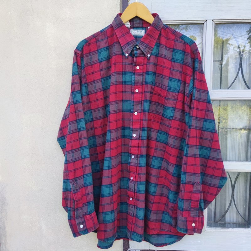 Vintage LL Bean  Plaid Tartan Red Green USA Long Sleeve Flannel Shirt - 男襯衫/休閒襯衫 - 棉．麻 紅色