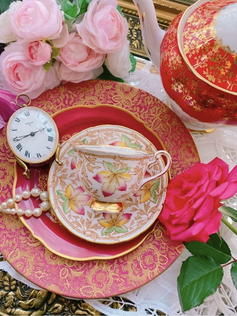 英國製 1920年 ROYAL CHELSEA 手繪花型古董杯花茶杯咖啡杯兩件組 - 茶壺/茶杯/茶具 - 瓷 紅色