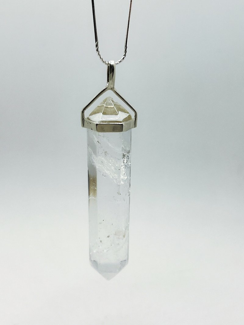 Natural raw ore double-pointed white crystal necklace pendant/pendulum/925 sterling silver - สร้อยคอ - คริสตัล ขาว