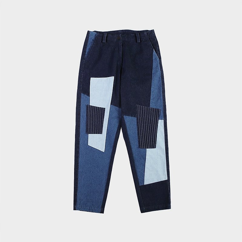 Patchwork denim nine points pants - กางเกงขายาว - ผ้าฝ้าย/ผ้าลินิน สีน้ำเงิน