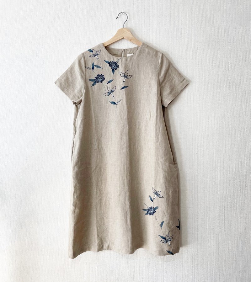 Linen/ short sleeve dress Beige chintz / peony - One Piece Dresses - Cotton & Hemp Khaki