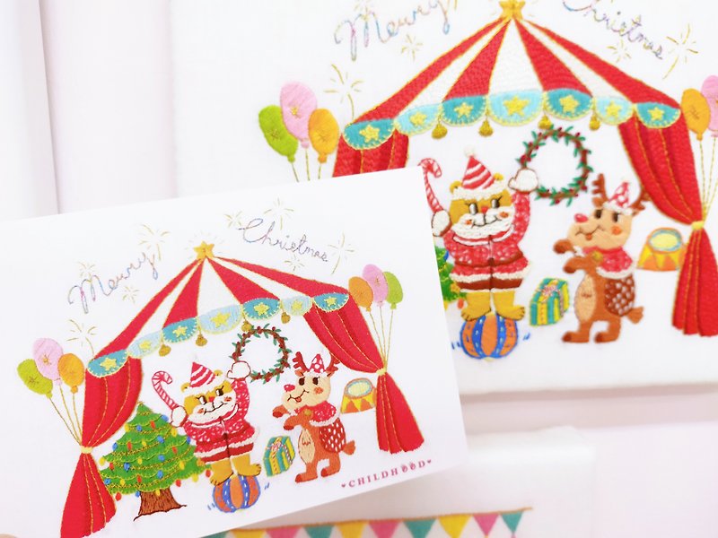 Christmas Merry Circus Postcard Card Bear Elk Christmas Card - การ์ด/โปสการ์ด - กระดาษ 