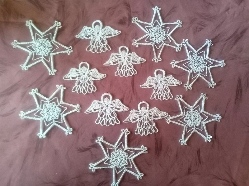 crochet angels and stars holiday decor set of 12 pieces - ตกแต่งผนัง - ผ้าฝ้าย/ผ้าลินิน ขาว