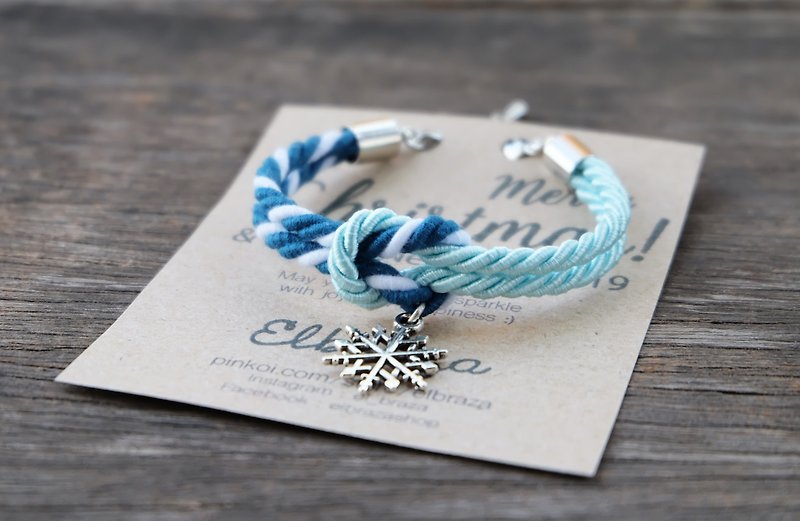 Icy blue / Mixed blue-green white  knot rope bracelet with snowflake - สร้อยข้อมือ - วัสดุอื่นๆ สีน้ำเงิน