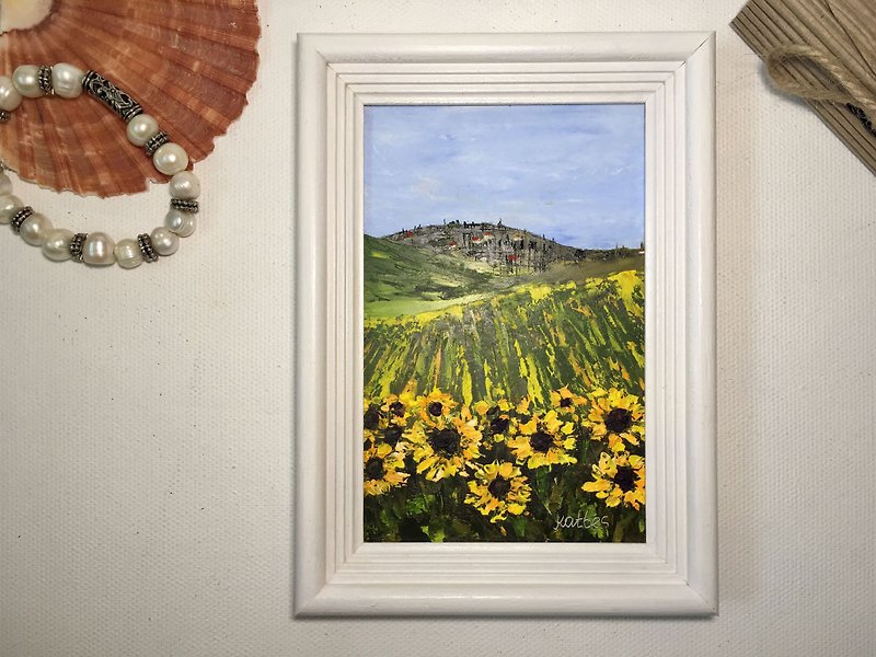 Sunflower Painting Original Art Tuscany Landscape Small Painting yellow flower