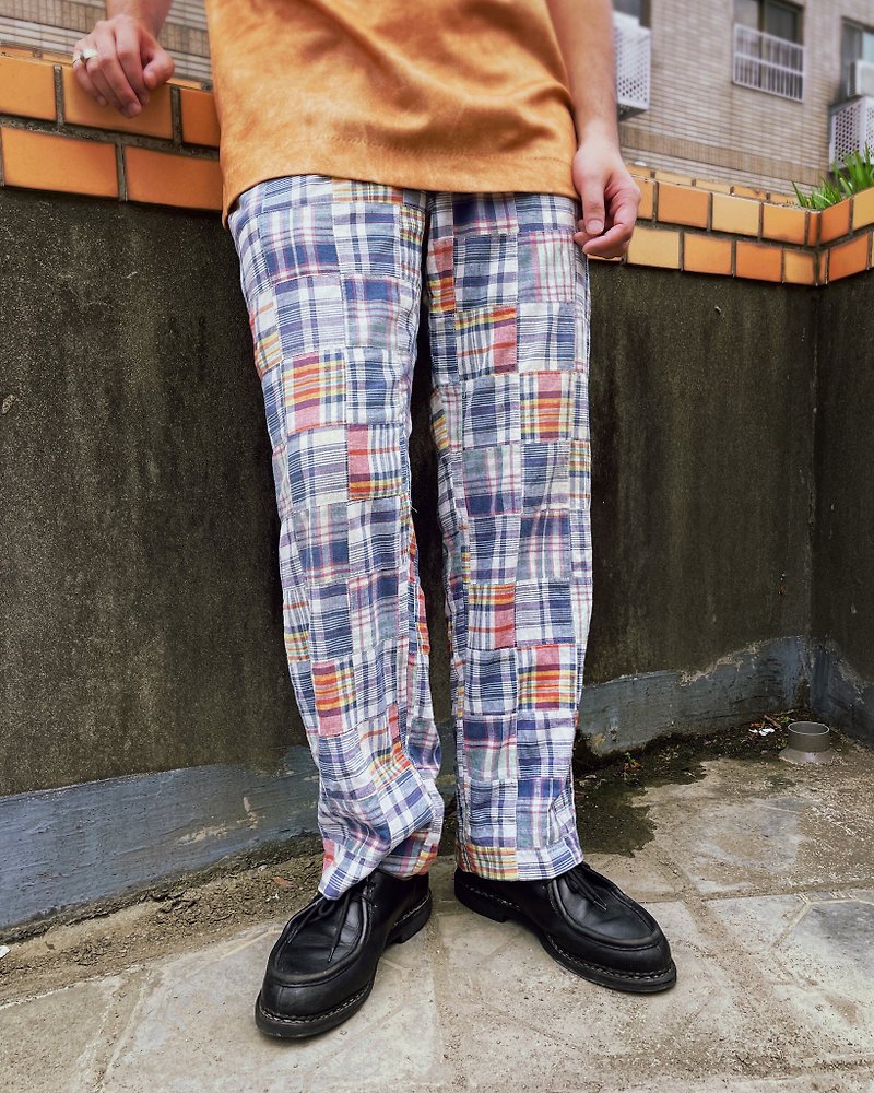 A PRANK DOLLY-Vintage (W36) Patchwork Check Pants - Men's Pants - Cotton & Hemp Multicolor