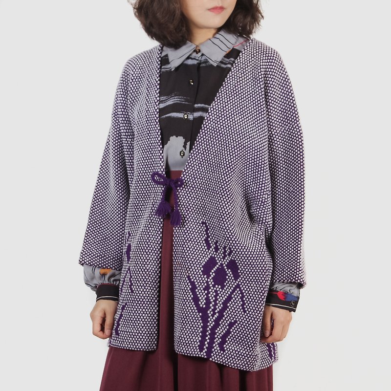 [Egg plant ancient] Ziyang daffodil knit ancient kimono road - เสื้อแจ็คเก็ต - ขนแกะ สีม่วง