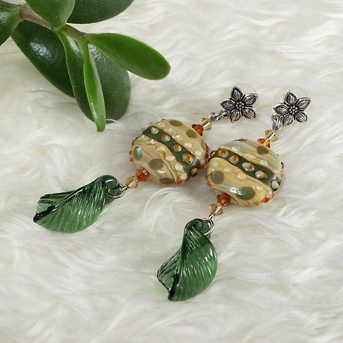 AGATIX Beige Green Leaf Lampwork Glass Earrings Large Long Statement Earrings Jewelry